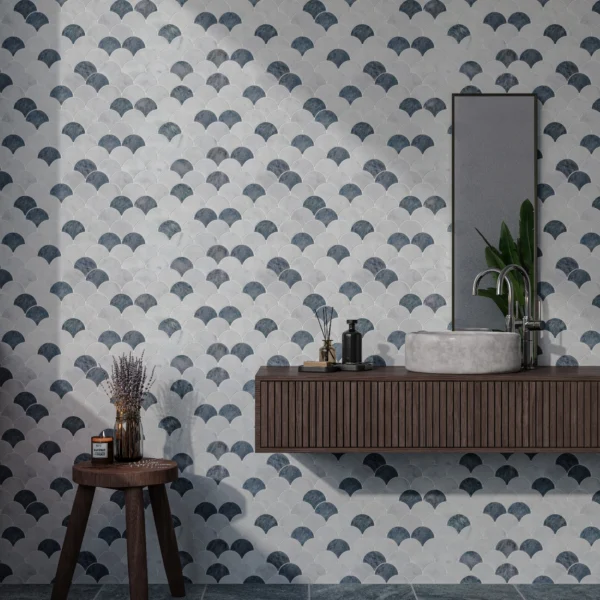 Carrara White - Ash Blue Marble Scallop Shell Mosaic Tile